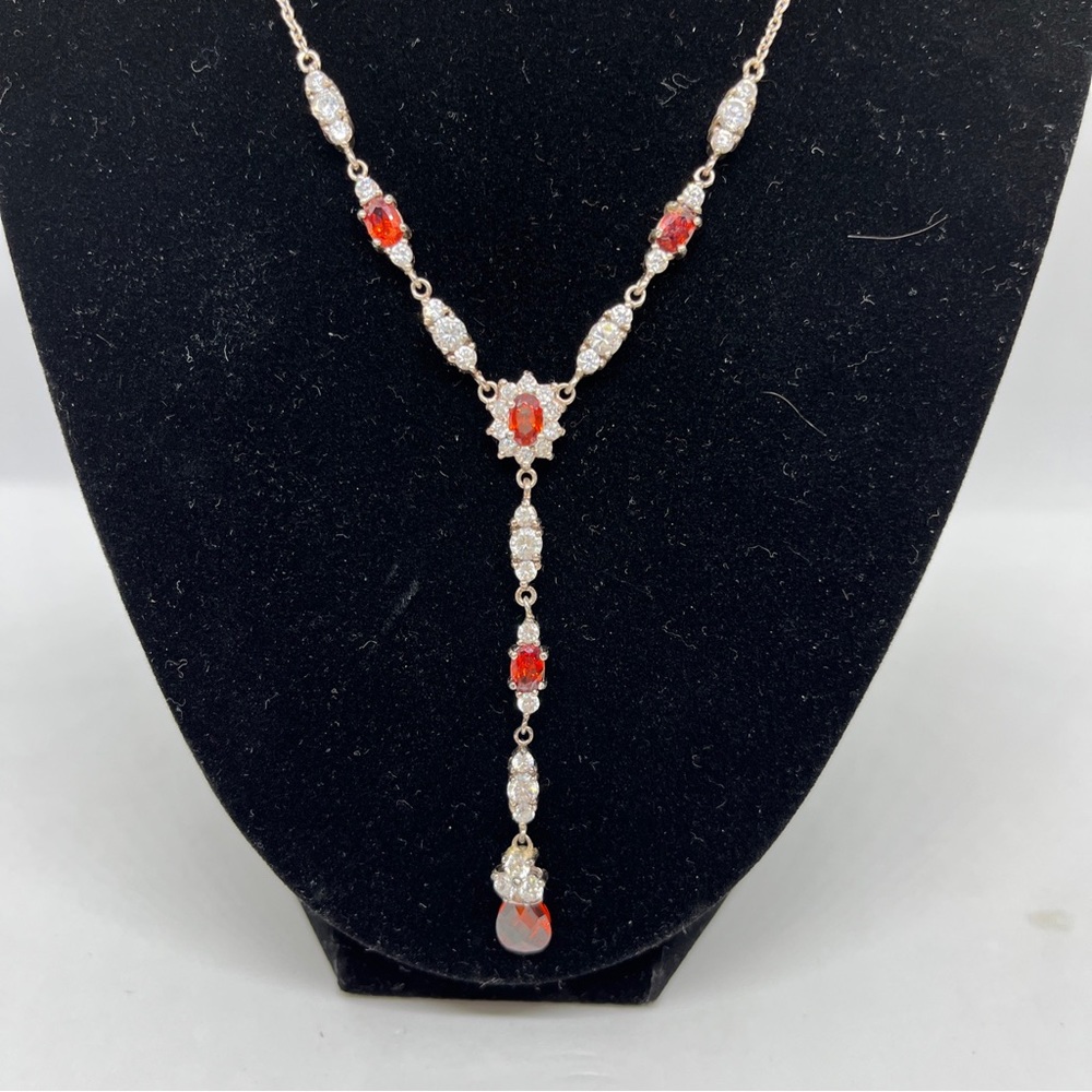 Vintage Sterling Silver  Garnet Clear Rhinestone Y Necklace - Picture 2 of 4